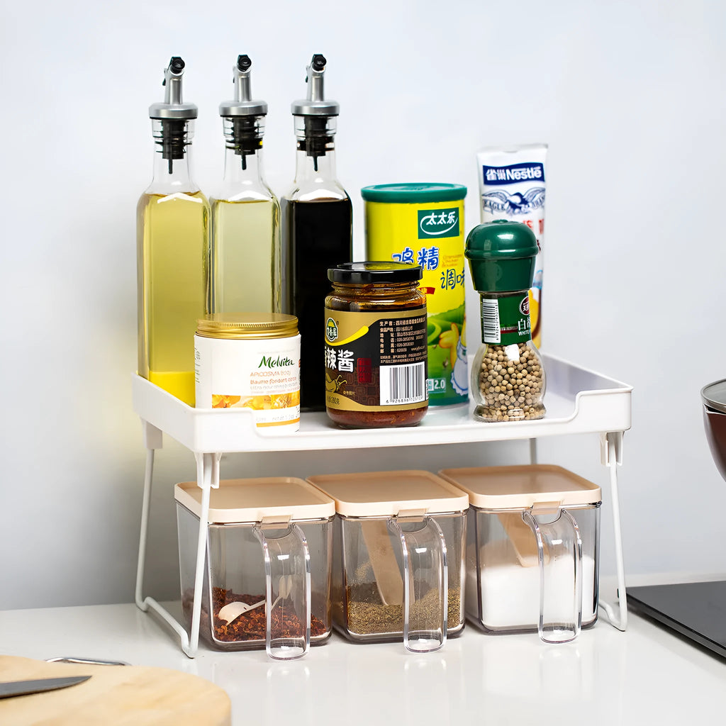 Plastic kitchen supplies rack in transparent and white colour options for desktop or cupboard organisation