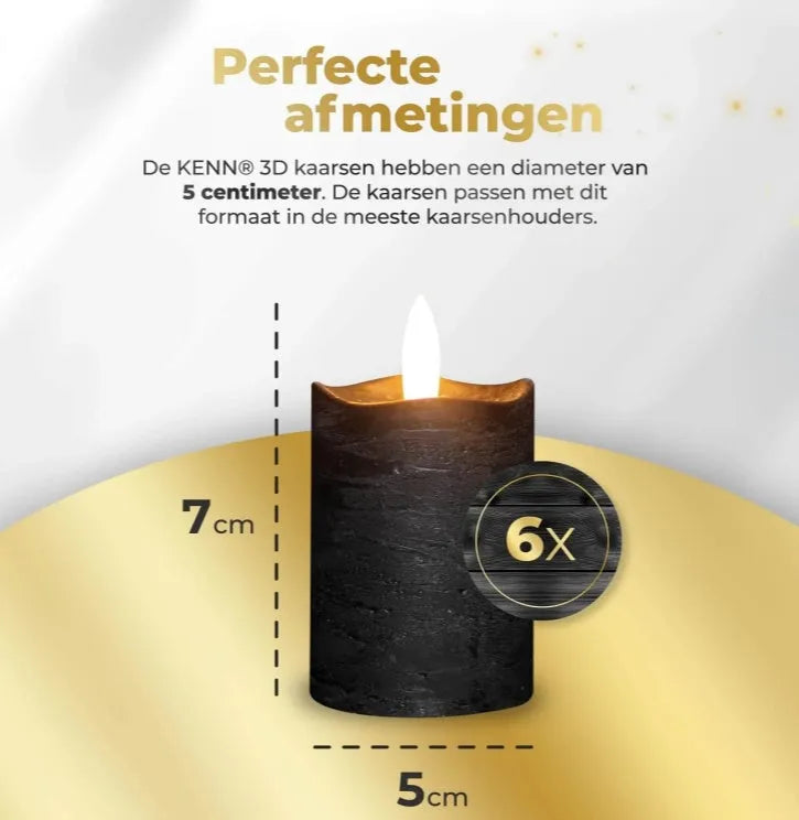 Black S6 LED pillar candle measuring 5cm wide by 7cm tall with realistic flickering flame effect