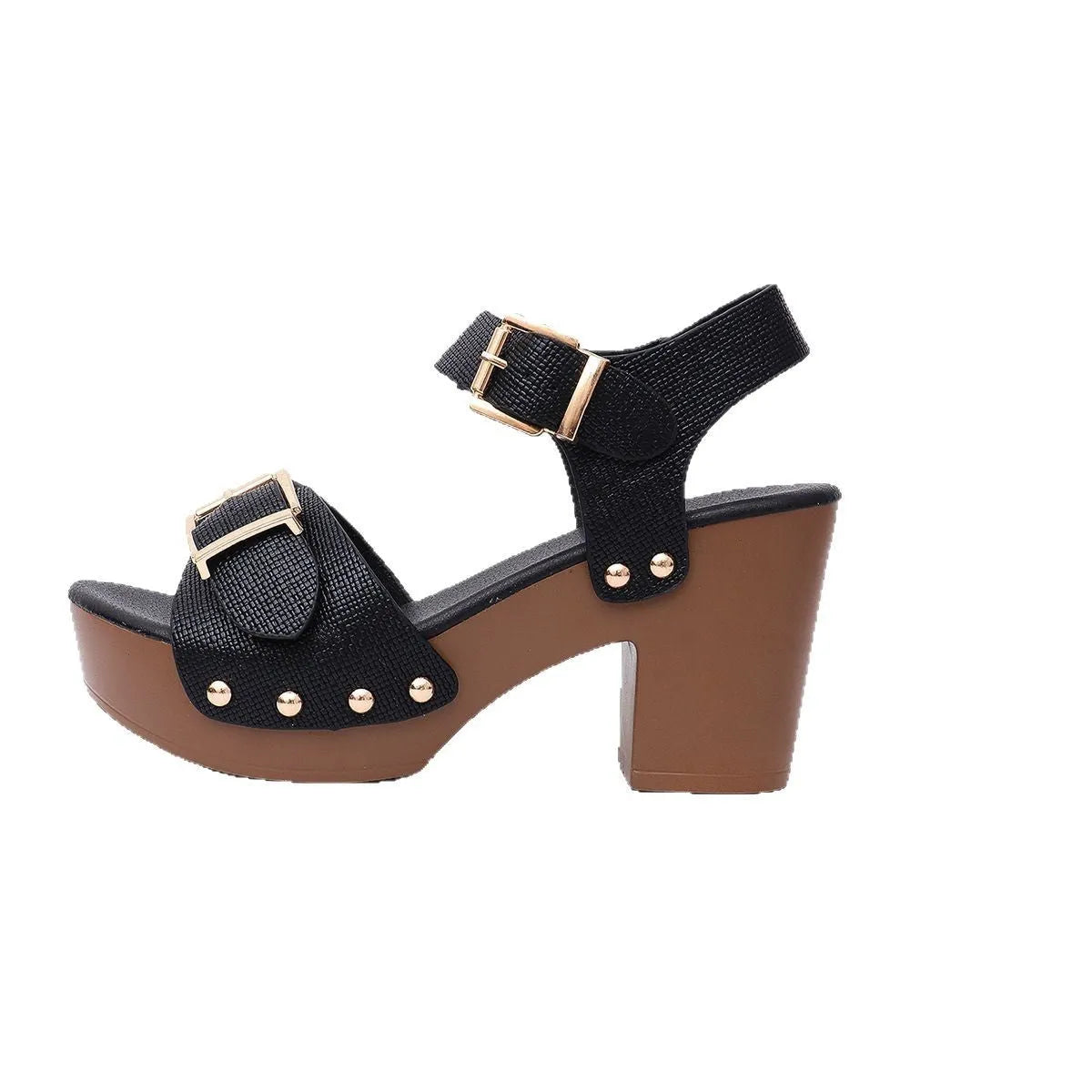 Plus size women's high heel sandals with buckle rivet and fish mouth toe in beige.