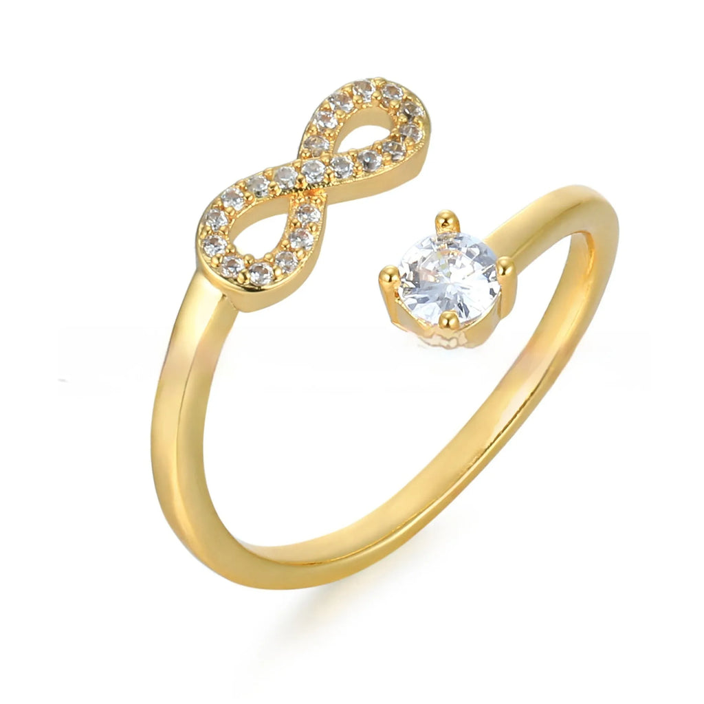 Open geometric ring with letter charm and inlaid zircon treatment in gold, rose gold, or silver finish