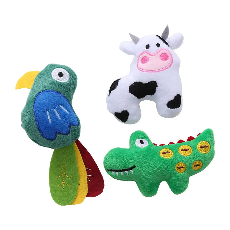Soft plush cat toy shaped like a cow, crocodile, or parrot with catnip for interactive play.