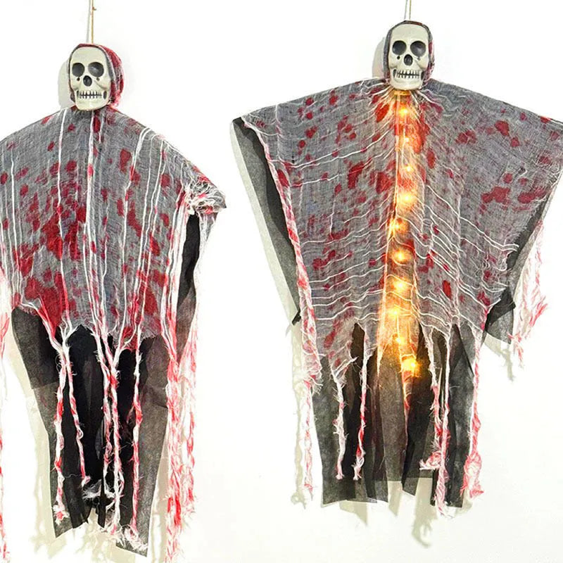 Blood-dyed luminous plastic skull and hanging ghost Halloween ornament