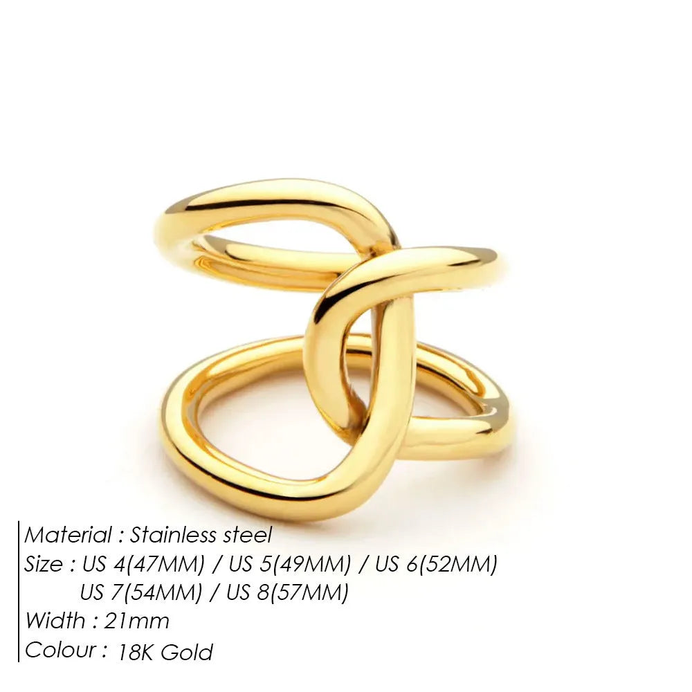 A gold-coloured geometric U-shaped ring with an adjustable opening and a knotted detail.