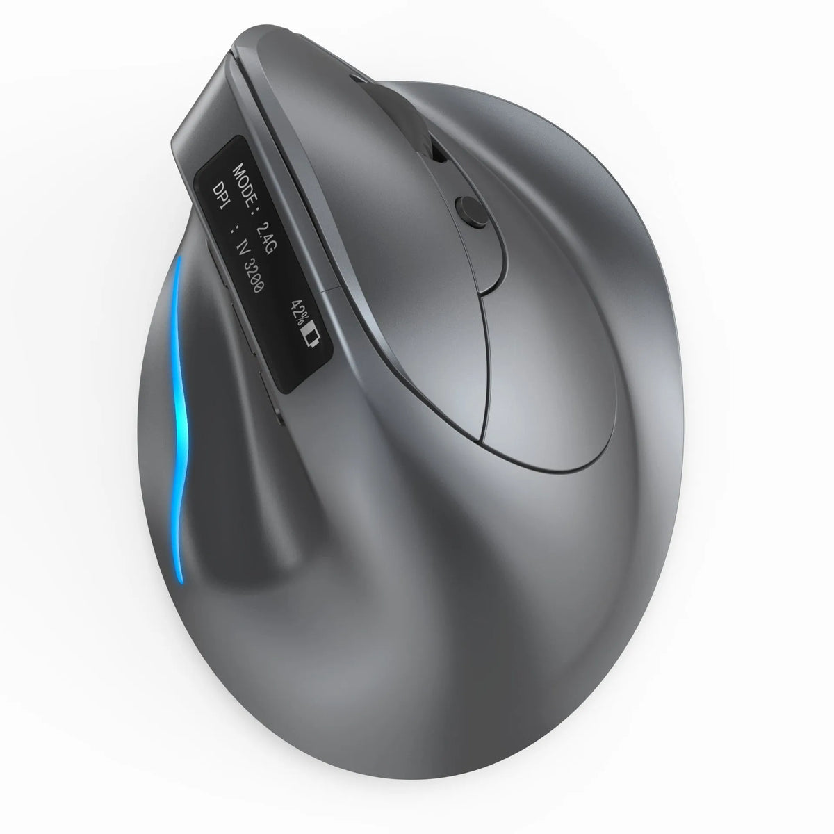 Grey handheld Bluetooth vertical mouse on a desk next to a laptop.