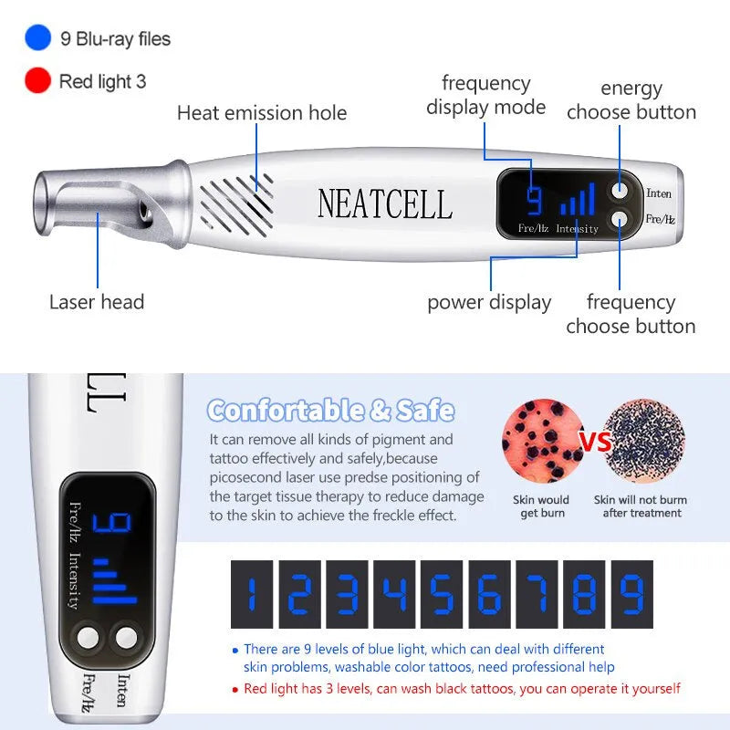Picosecond laser pen light therapy device for tattoo scar mole freckle dark spot removal, blue or red, with goggles and charger