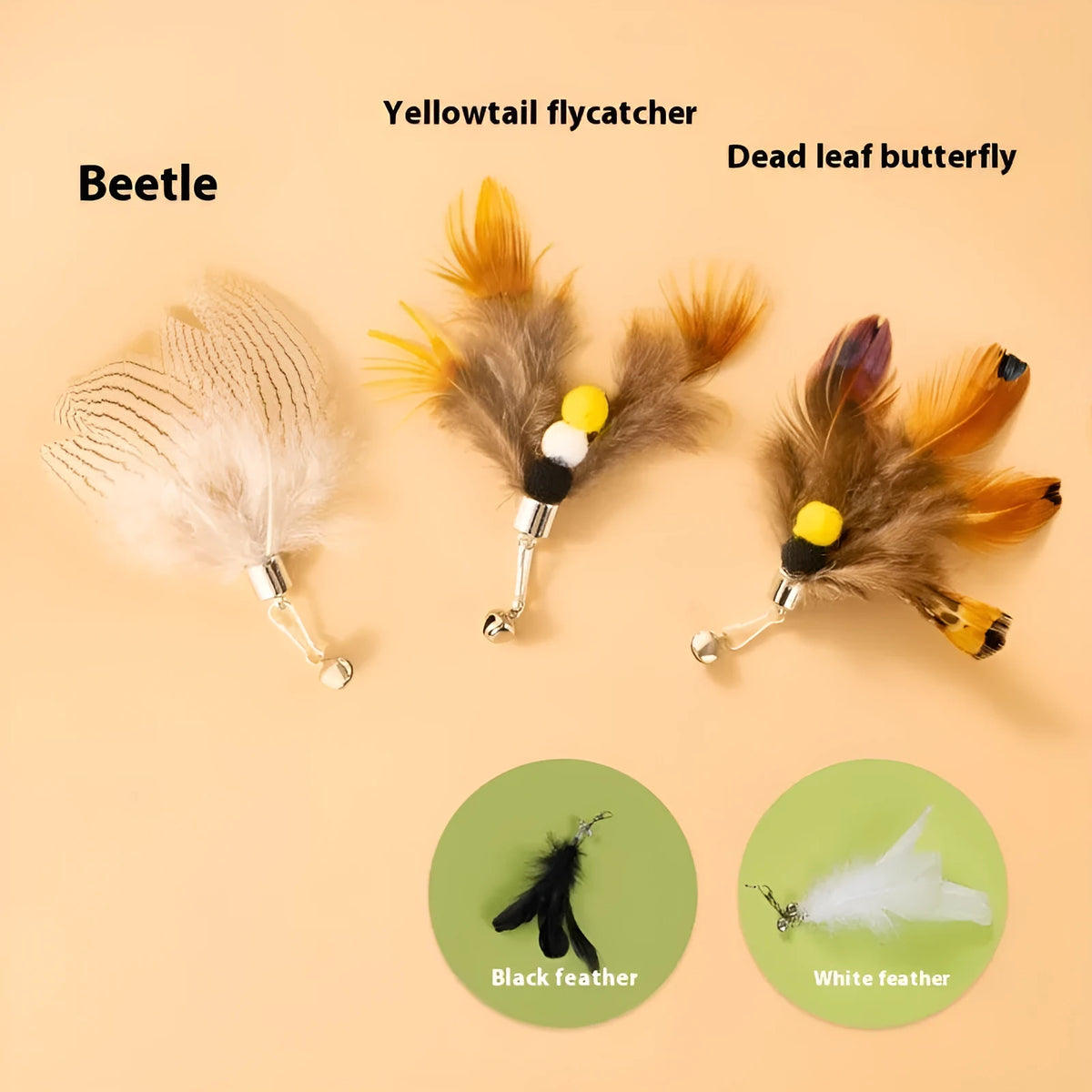 Three small flying insect cat toy replacement heads with steel wire construction