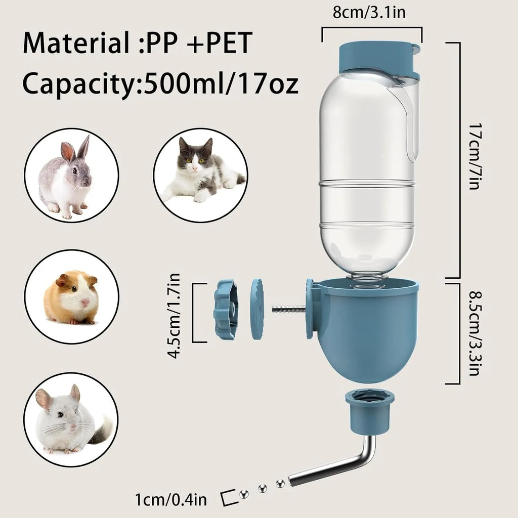 Blue small animal water bottle with rotatable nozzle attached to a wire cage bracket