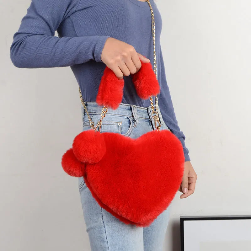 Heart-shaped soft plush women's handbag with detachable strap in medium size