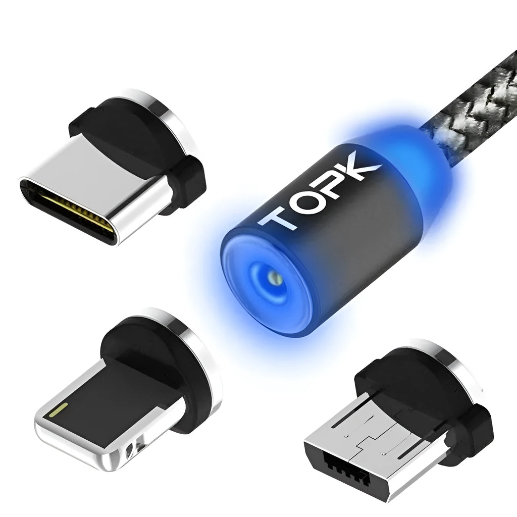 3-in-1 magnetic charging cable with aluminium alloy shell and LED light for Android iOS Type-C devices