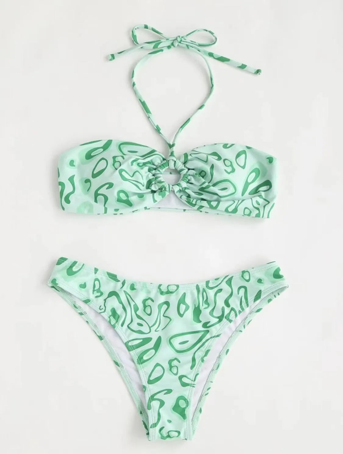 Women's green floral bandeau split swimsuit with triangle top and matching briefs