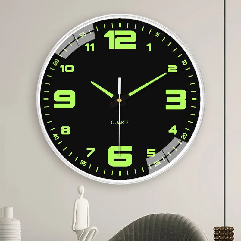 Modern 8 inch luminous wall clock with 20cm diameter on a wall.