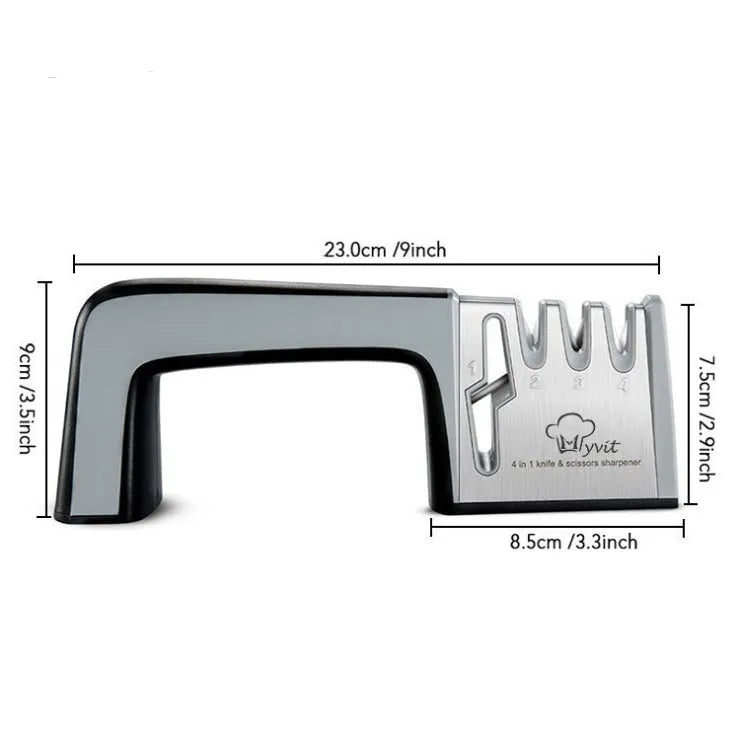 4-in-1 kitchen knife sharpener with TPR and ABS handle, 238 x 50 x 67mm, black or cyan colour options