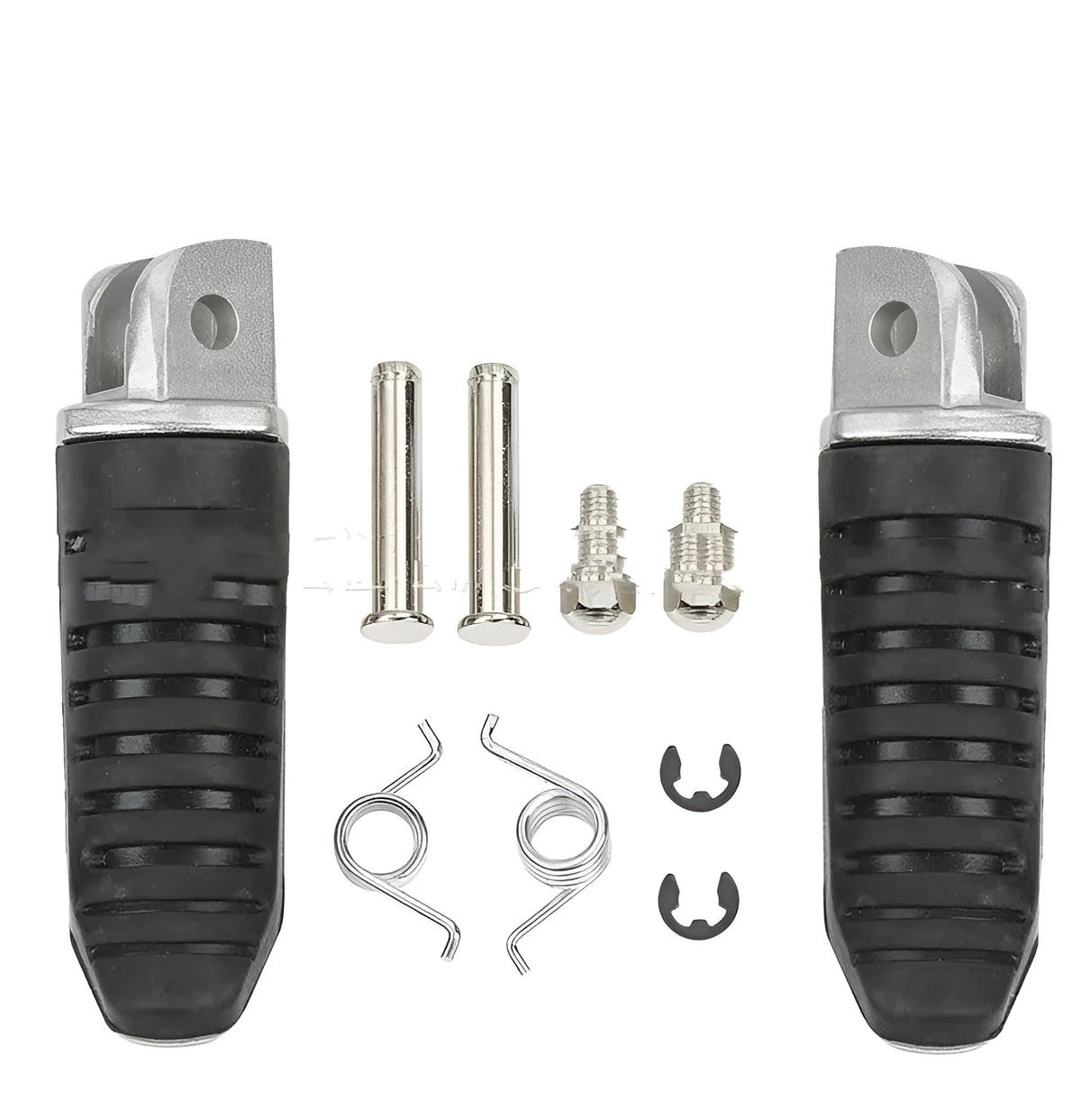 Black aluminium alloy motorcycle footpeg set for Suzuki Hayabusa, V-Strom, and other compatible models.