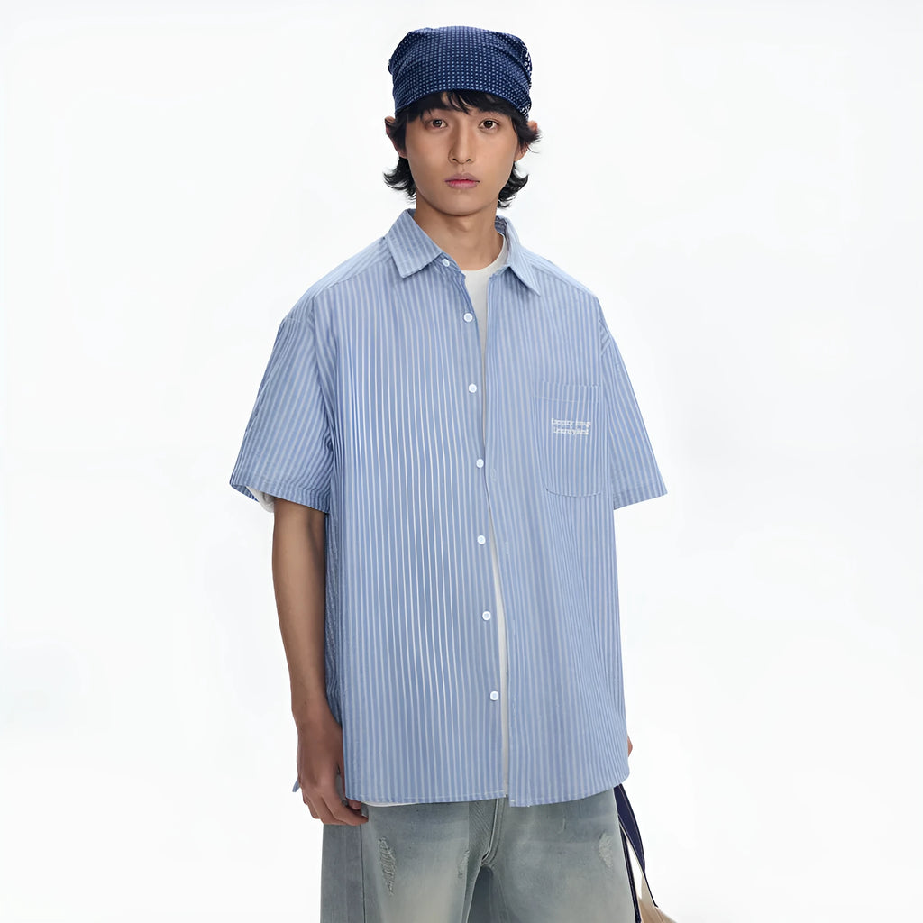 Blue and white striped loose-fitting short sleeve shirt cardigan style on hanger