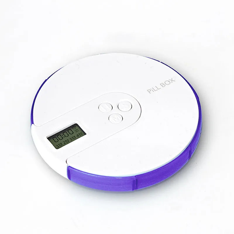 Blue 7-compartment electronic pill dispenser with alarm clock display, shown next to pills.