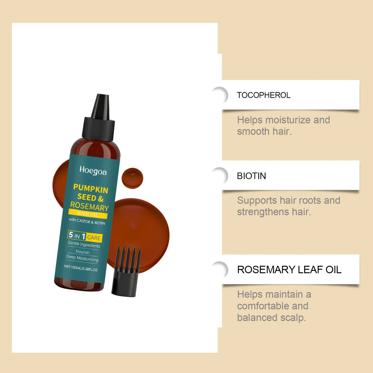 Rosemary hair essential oil 100ml bottle with pointed nozzle and hair comb