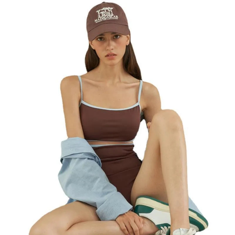 Brown women's one-piece swimsuit with triangle bikini top design and sexy pattern