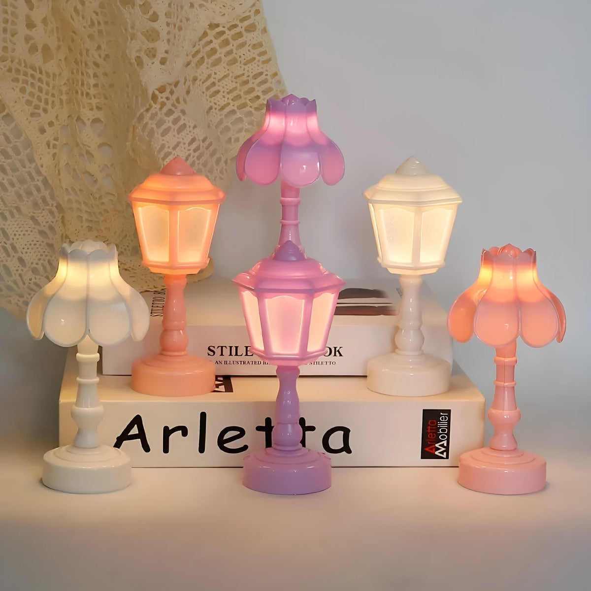 Retro pagoda shaped night lamp with geometric design in light purple colour option