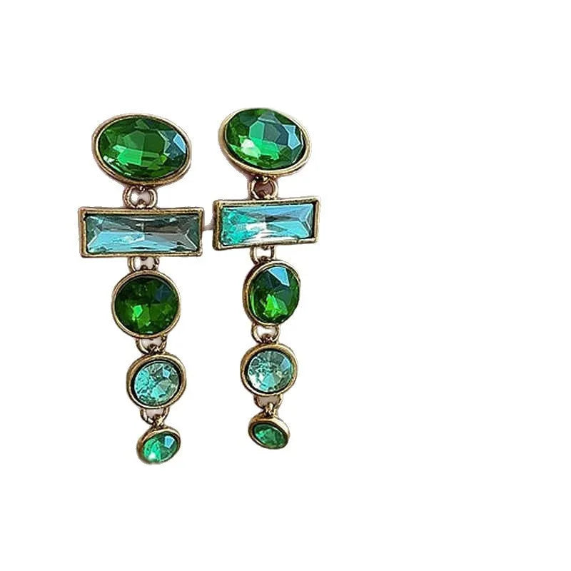Retro geometric green gradient alloy earrings with tassel design and inlaid zircon stones