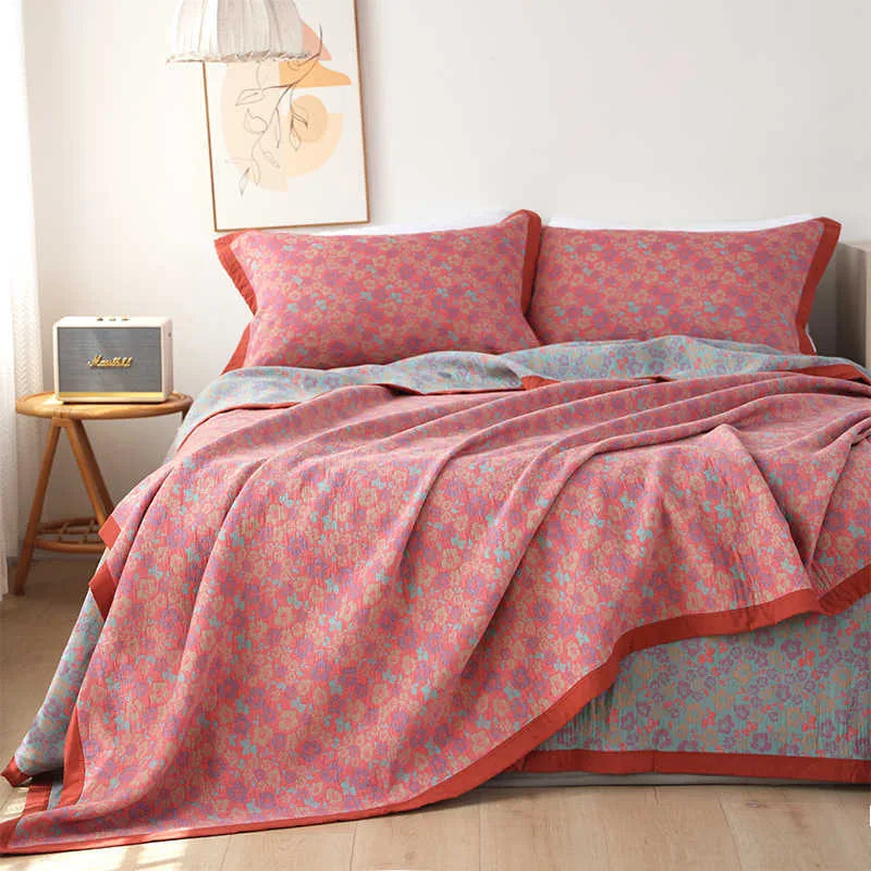 Cotton gauze bed blanket and two pillowcases set with plant and flower pattern in Flower Story Language colour