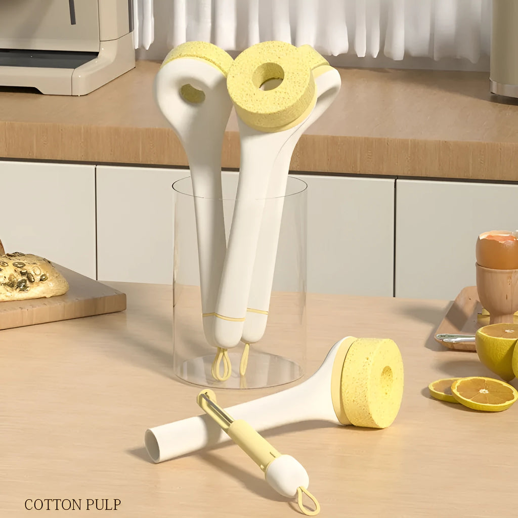 Wood pulp sponge cleaning brush with PP handle, peeling knife, and three or six brush heads for pots, dishes, and bowls.