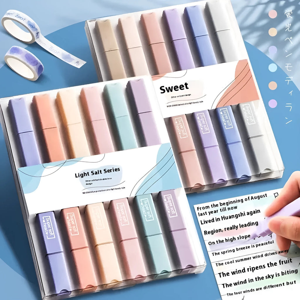 Pack of double-headed fluorescent marking pens showing both a broad and fine tip, with Salt series or Sweet series packaging.