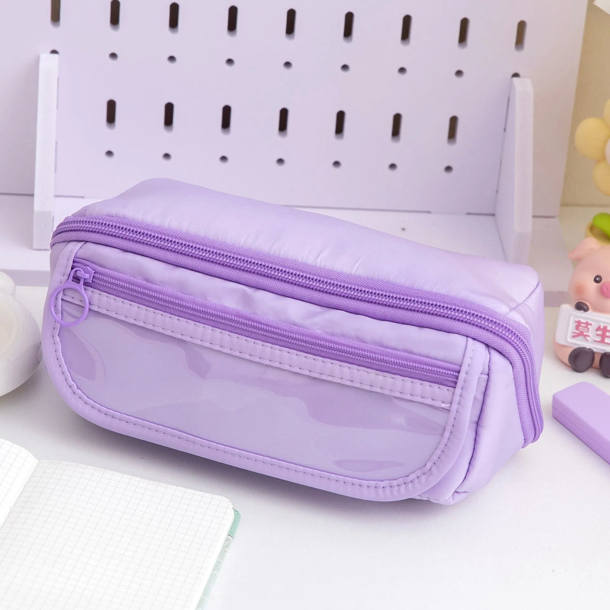 Ten-layer flip canvas pencil case in Korean style with six colour options including girl pink and space blue
