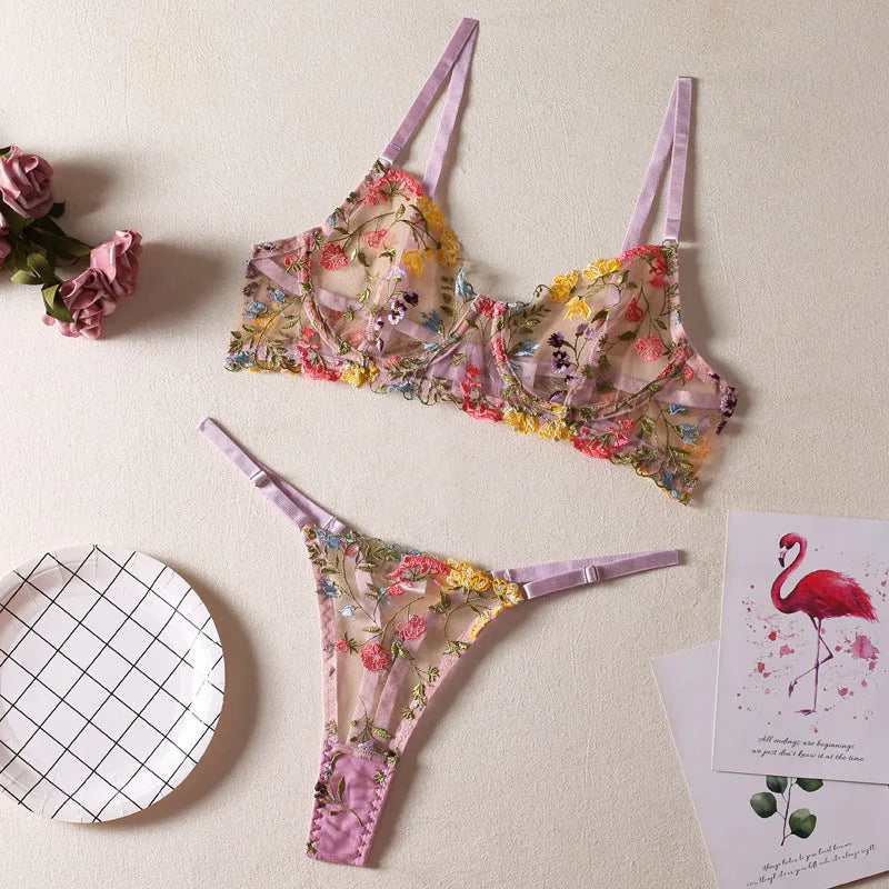 Floral mesh bra with steel ring T-back construction in skin colour