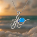 Silver geometric octopus opal necklace on stainless steel box chain, Hawaiian ocean style