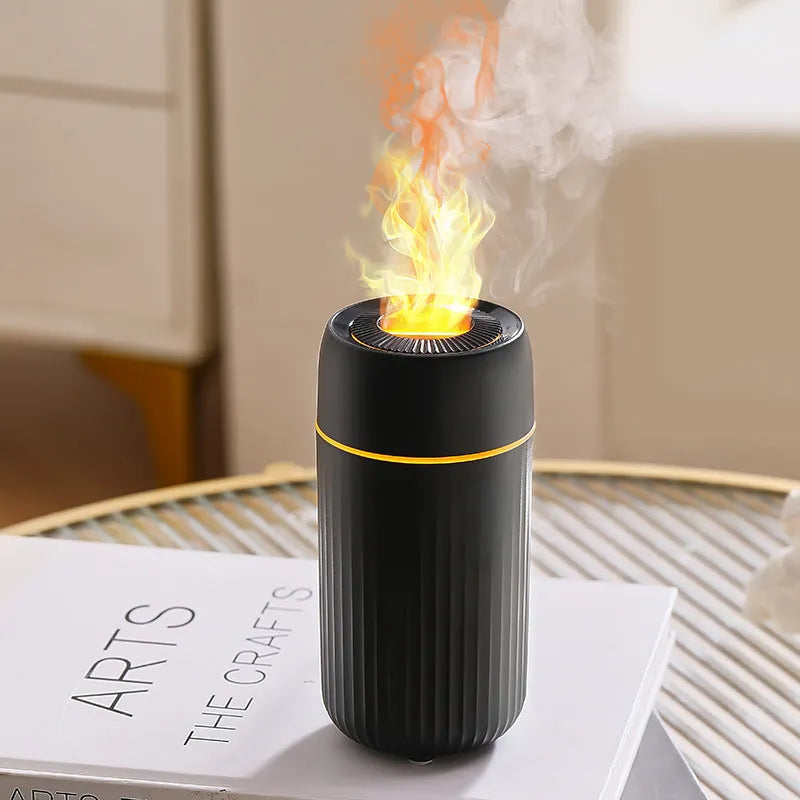 Car simulation flame aroma diffuser with USB cable, measuring 70x70x143mm in black or white plastic