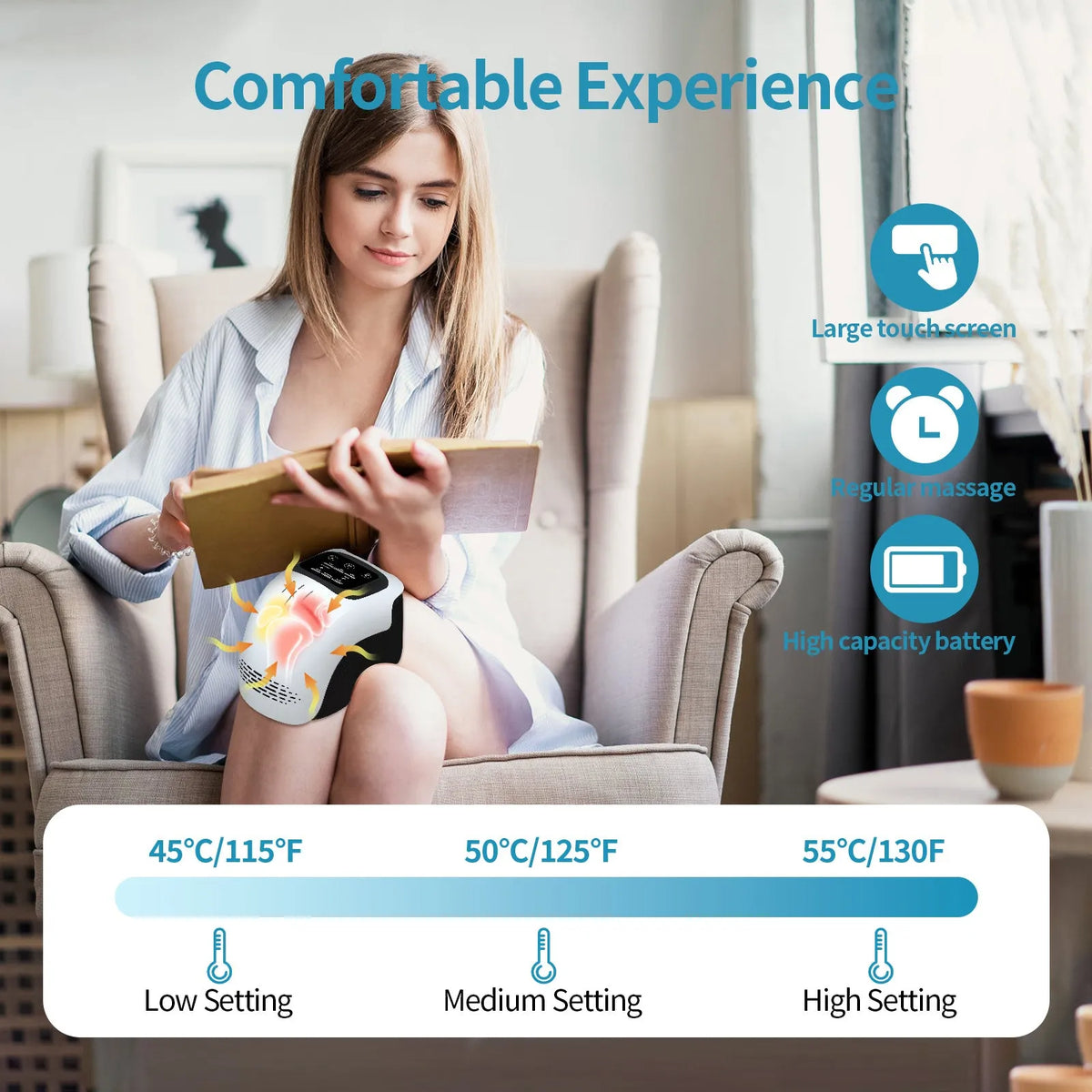 Intelligent electric knee massager with adjustable strap showing white and wood colour options