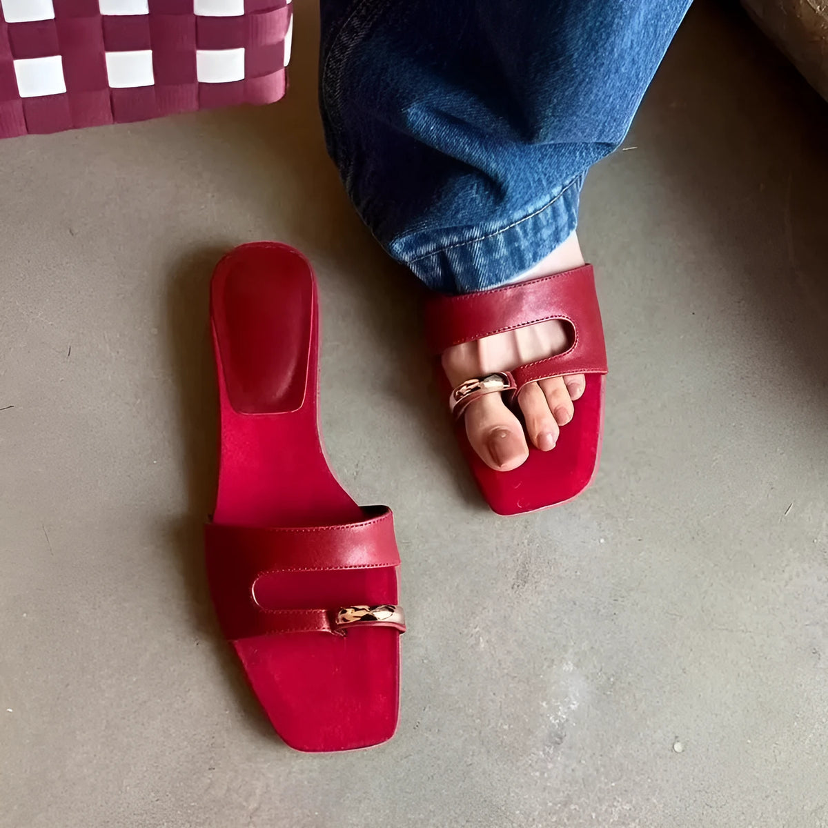 Leather and rubber square toe outdoor slippers shown in available colours