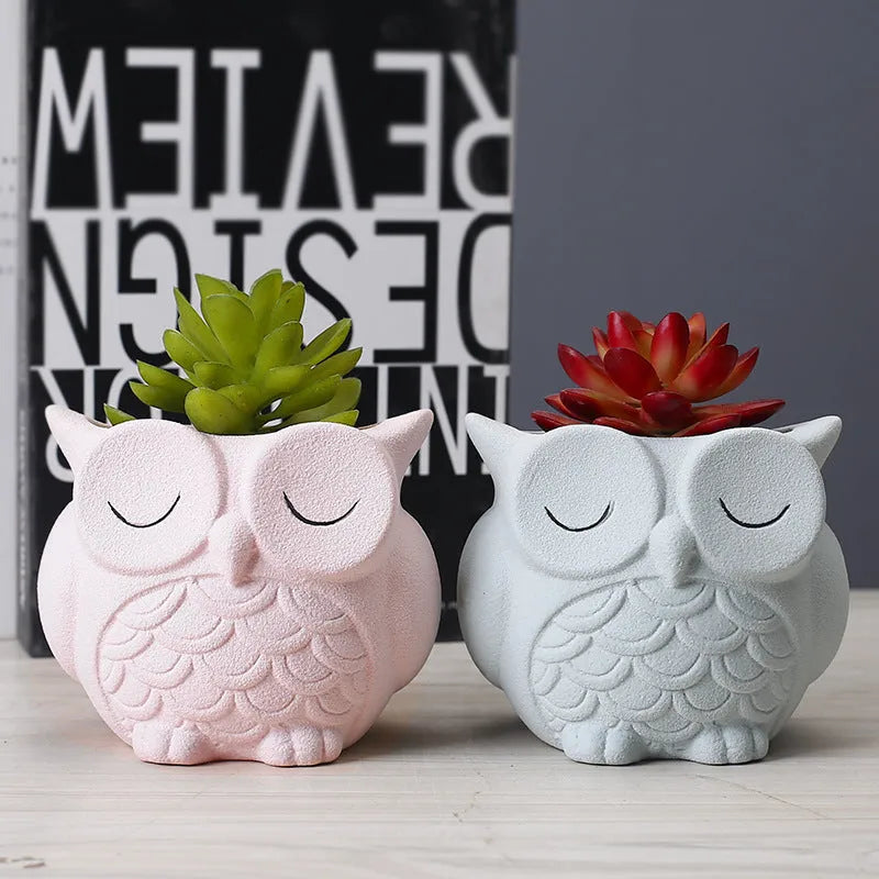 Handmade frosted ceramic owl succulent pot in light pink, white, green, or blue.
