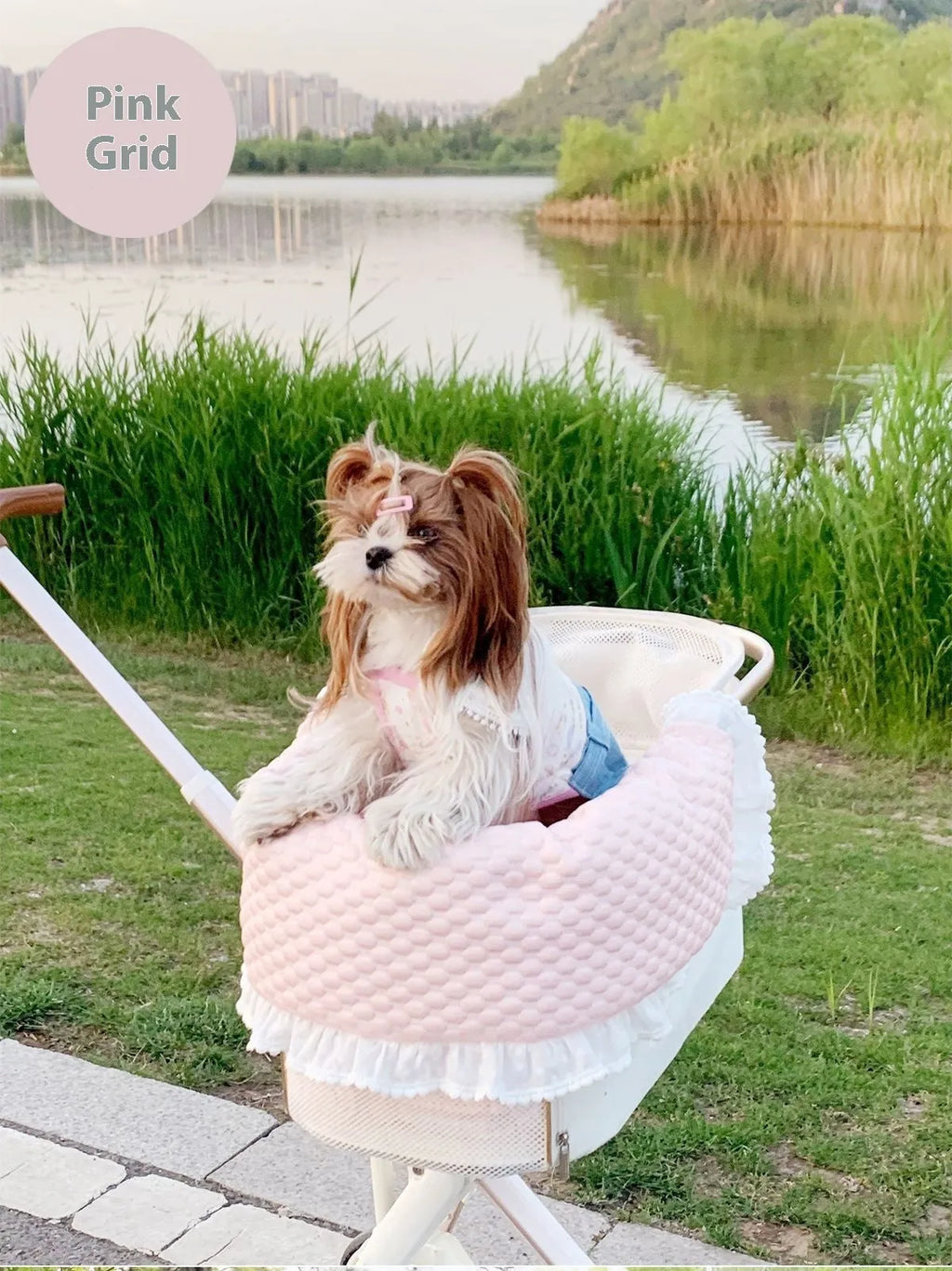 Pure cotton pet stroller cushion set with removable pillow, cushion, and anti-dirty towel in a floral pattern.
