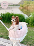 Pure cotton pet stroller cushion set with removable pillow, cushion, and anti-dirty towel in a floral pattern.