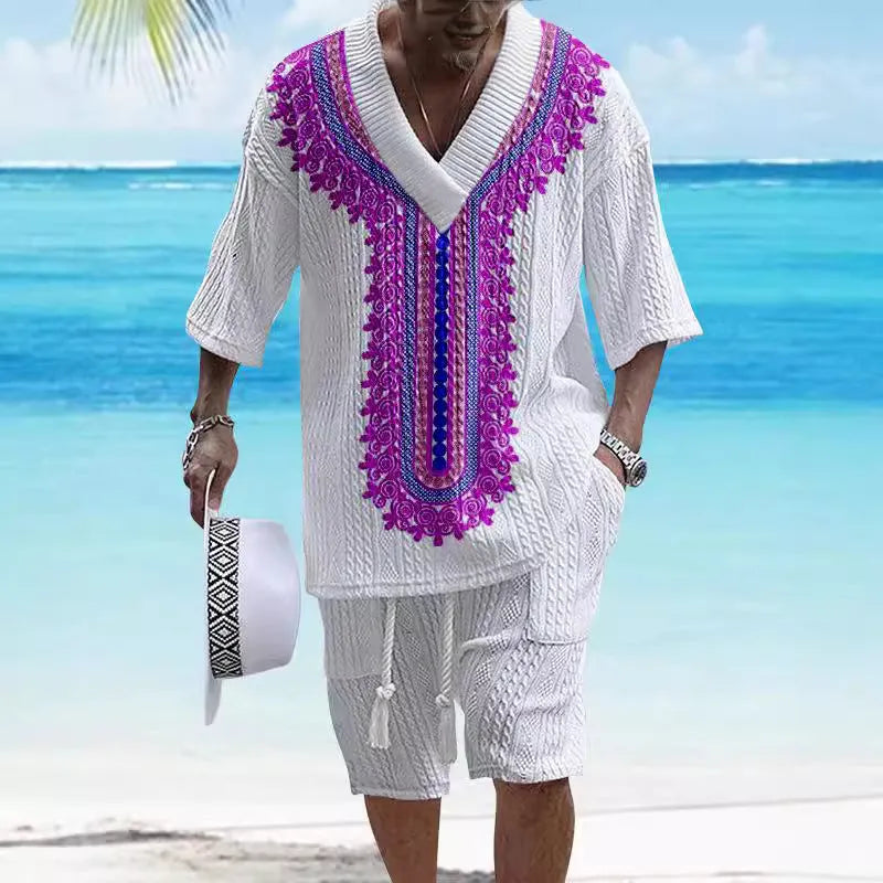 Men's printed drop-shoulder knitted top and shorts suit set in a grey colour.