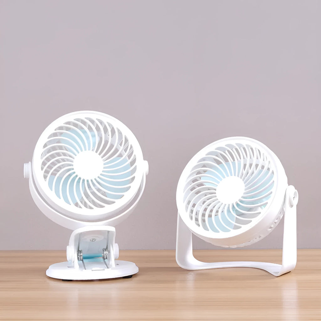 USB-powered portable desk fan with clip-on and floor-standing options showing compact 19×15×10cm dimensions