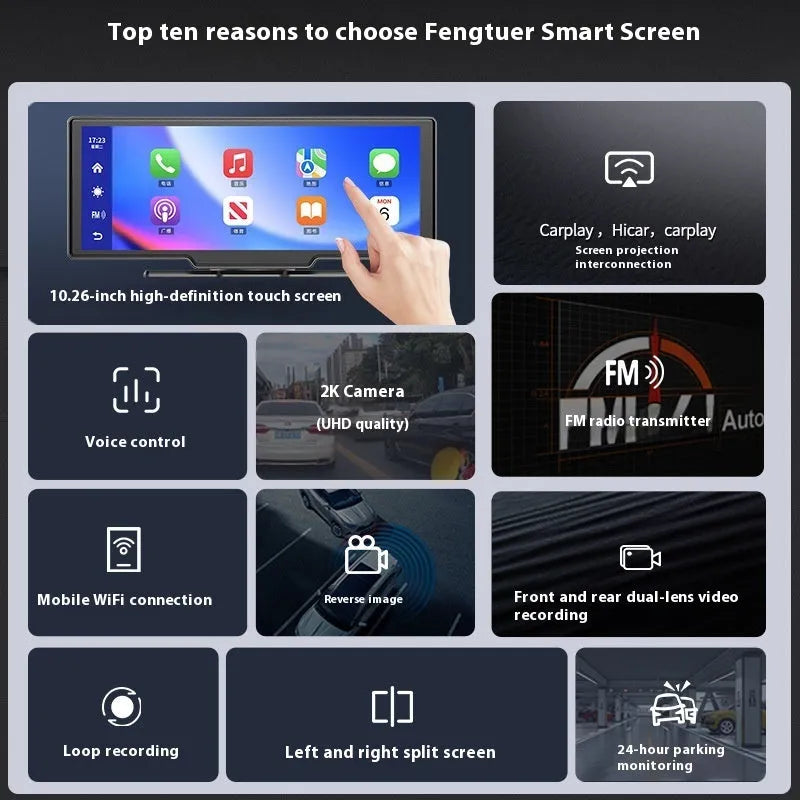 10-inch car smart screen with Apple CarPlay and dash cam mounted in vehicle