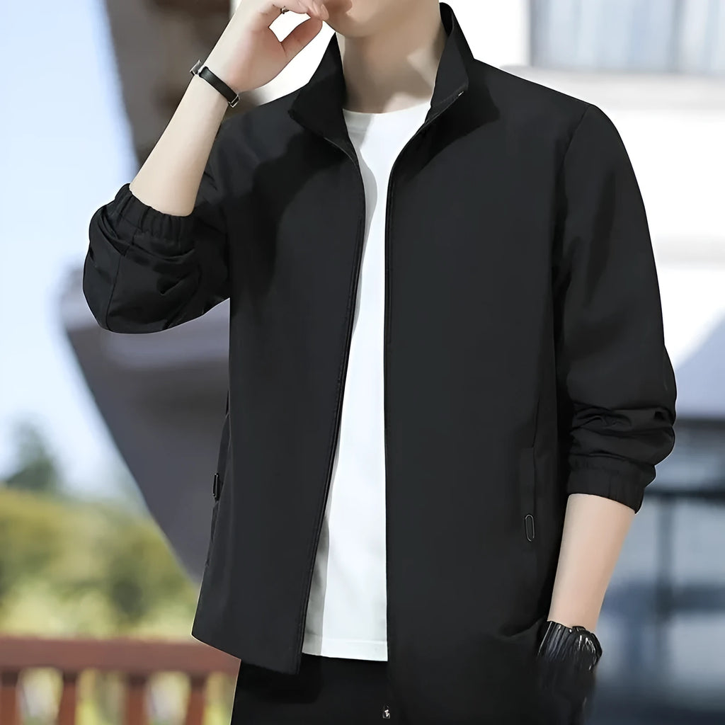 Korean-style loose-lapel casual jacket in polyester blend fabric with zipper closure and pocket styling