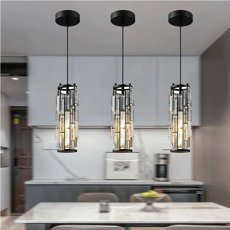 Single head industrial crystal LED droplight in black finish for restaurant aisle or bedside lighting.