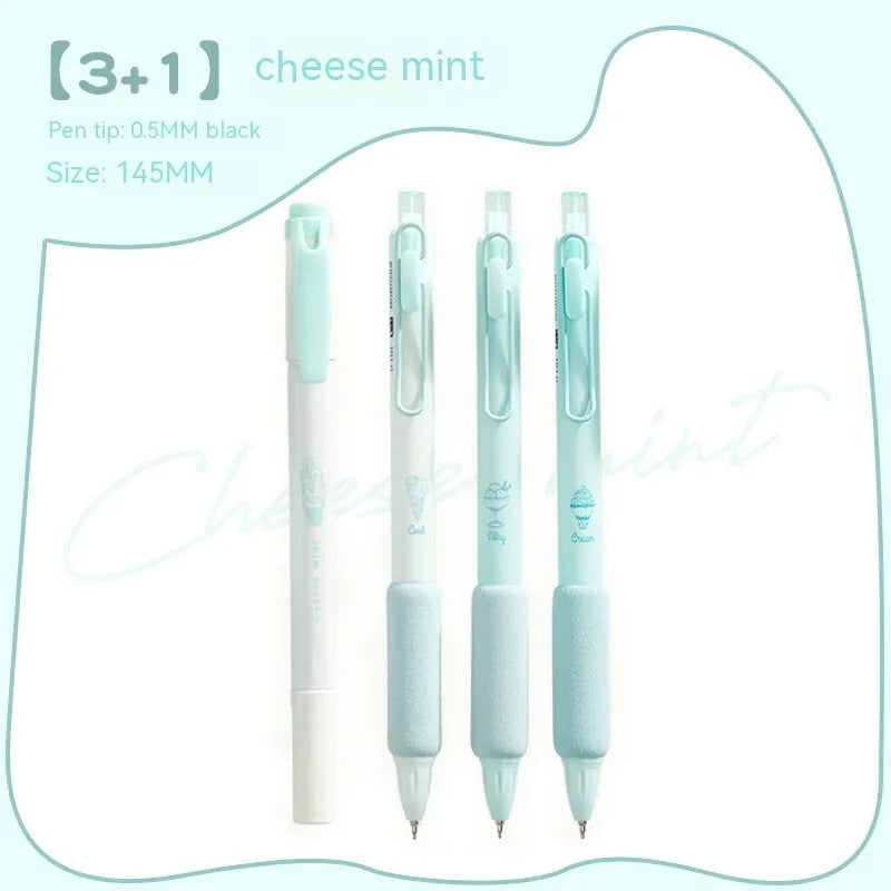 Four double-headed fluorescent pens with 0.5mm tips in cheese mint and sea salt ice cup colours for calligraphy practice