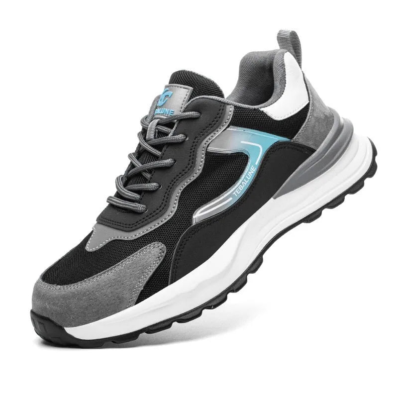 Men's low-top work shoes with plastic steel toe cap in suede and mesh construction, Four Seasons colour