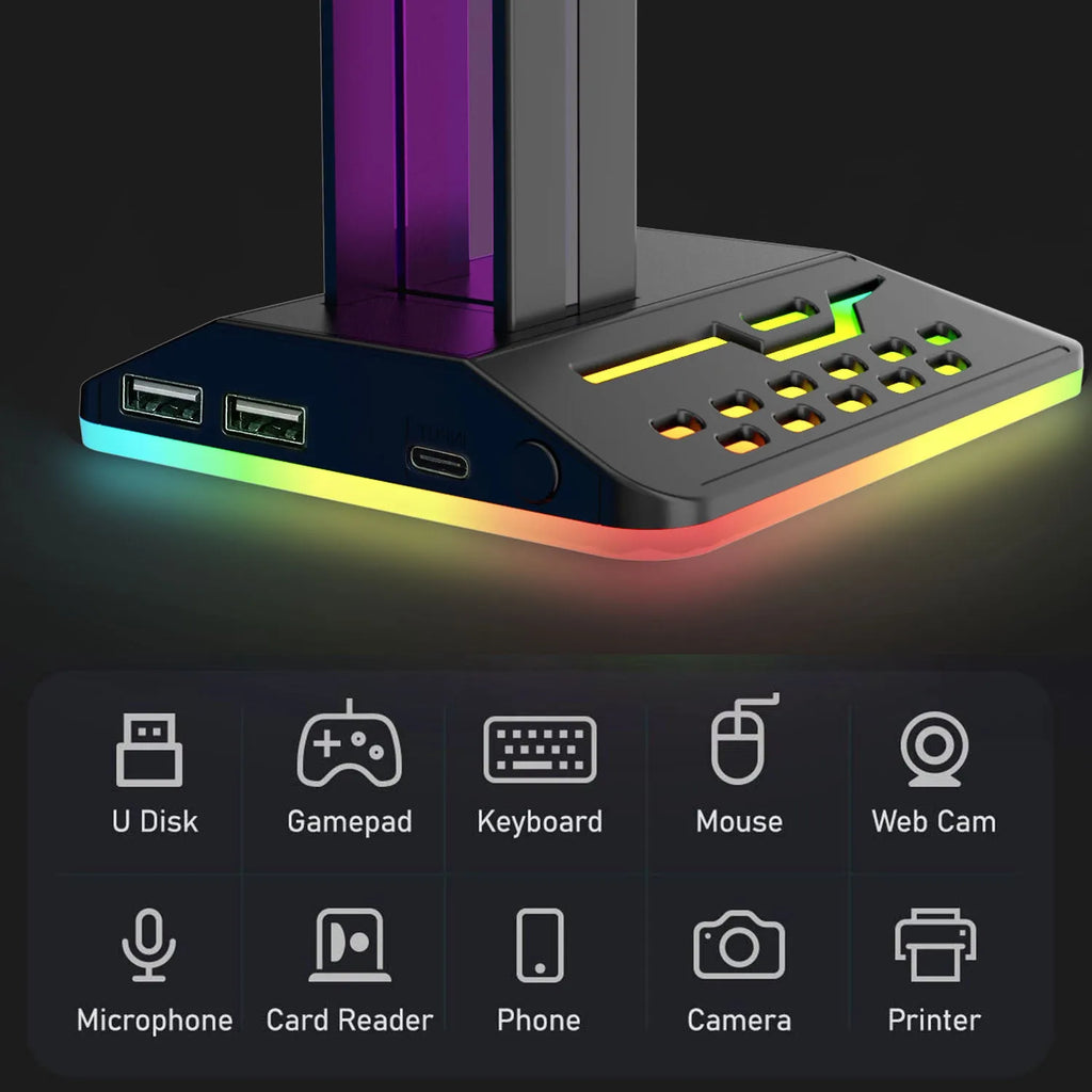 RGB colour changing headset display rack with dual USB charging ports and 1.5 metre cable
