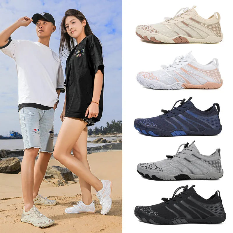 Lycra stretch fabric running shoes in beige, available in sizes 36 to 46 for men and women