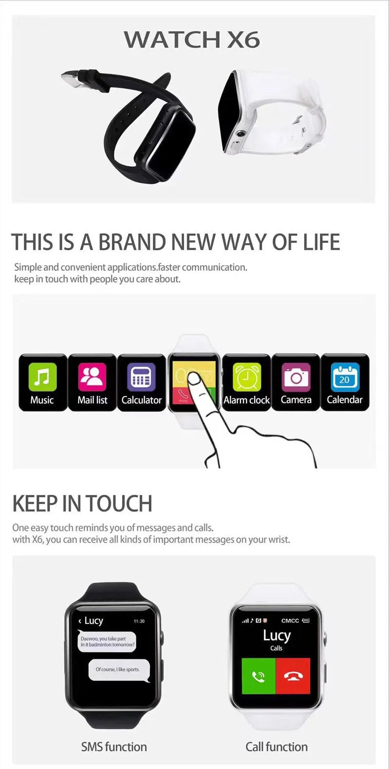 Smart watch with 1.54-inch IPS touch screen and black silicone strap on wrist