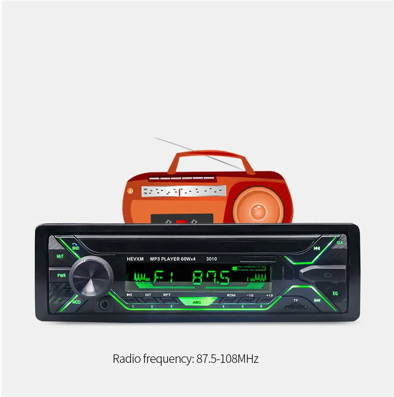 Front view of a black car radio MP3 player with LCD display, rotary volume knob, and buttons for Bluetooth, USB, and radio.