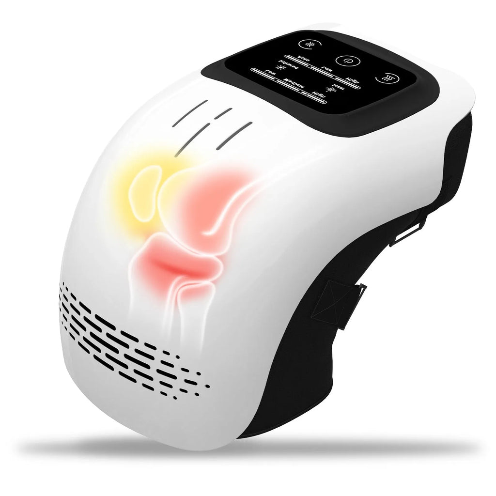 Intelligent electric knee massager with adjustable strap showing white and wood colour options