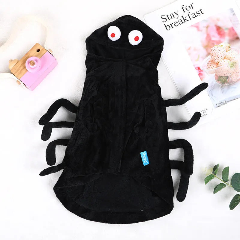 Dog wearing a black and white spider web print Halloween costume with elastic neck.