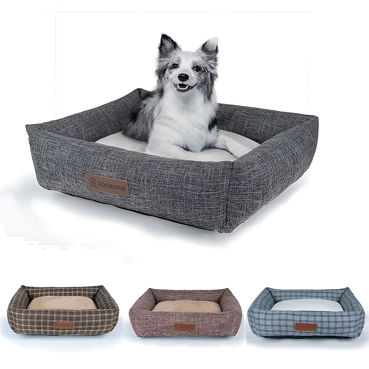 Square grey linen dog bed for small to extra large dogs, shown on a wooden floor.