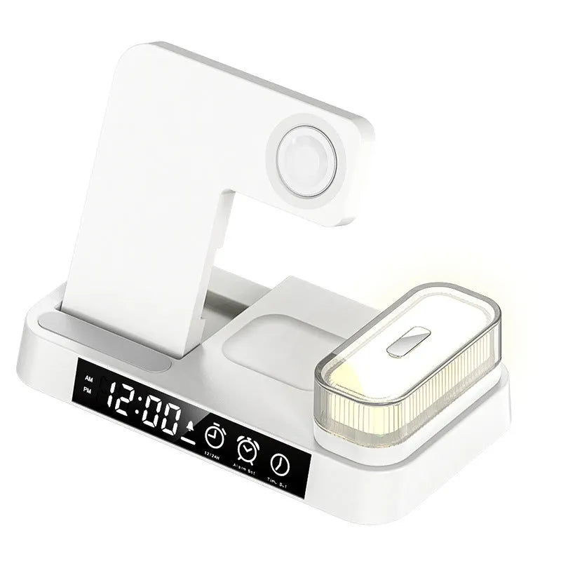 White 4-in-1 multifunction wireless charging station with foldable stand, alarm clock display, and RGB night light.
